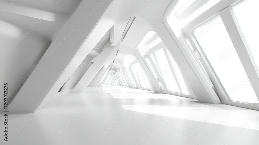 Obraz premium Empty Long Light Corridor. Modern white background. Futuristic Sci-Fi Triangle Tunnel. 3D Rendering
