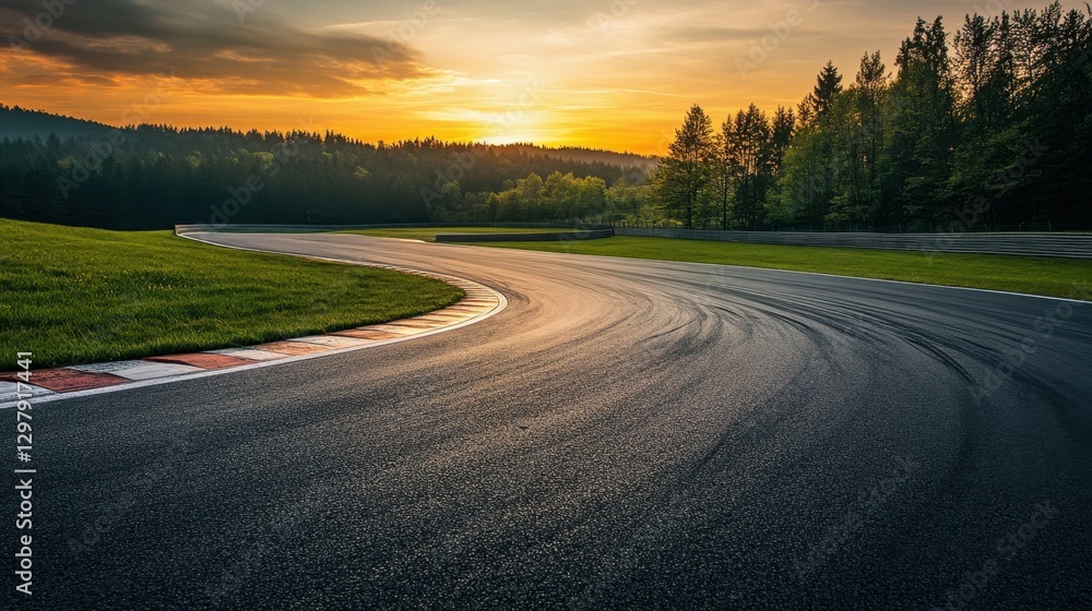Fototapeta premium Empty race track and green woods nature landscape at sunset