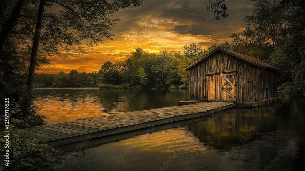 Fototapeta premium Charming Rustic Cabin by the Lake at Dusk