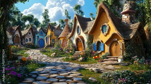 Enchanting Cartoon Village with Whimsical Houses and Stone Pathway in a Fantasy Setting