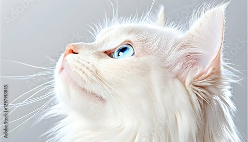 Closeup White Cat Looking Up photo