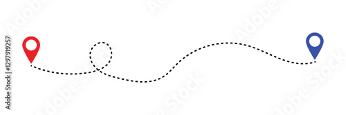 Routes in dashed line trace. Plane route lines of aircraft tracking, location pins, planes, travel, map pins on white background. Vector illustration for infographic, map, track in eps 10.