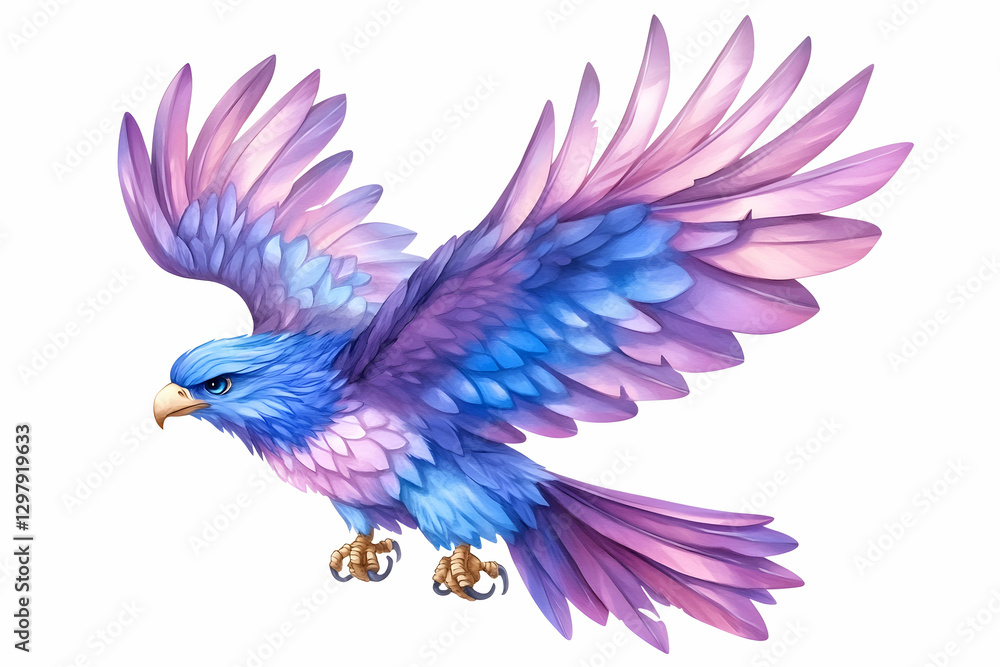 Obraz premium Colorful stylized bird in flight against white background. Possible use digital art, fantasy, illustration