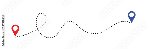 Routes in dashed line trace. Plane route lines of aircraft tracking, location pins, planes, travel, map pins on white background. Vector illustration for infographic, map, track in eps 10.