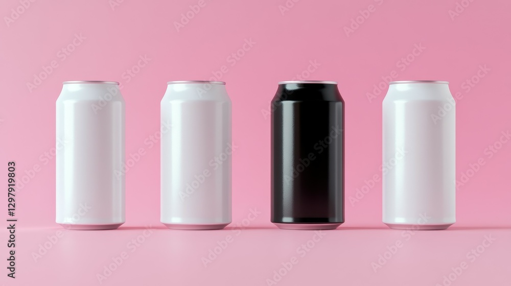 Four aluminum beverage cans, white and black, against pink background, creating minimalist and modern composition. Mockup for soda, beer, energy drinks. Ideal for bold, modern drinks branding. Four aluminum beverage cans, white and black, against pink background, creating minimalist and modern composition. Mockup for soda, beer, energy drinks. Ideal for bold, modern drinks branding.