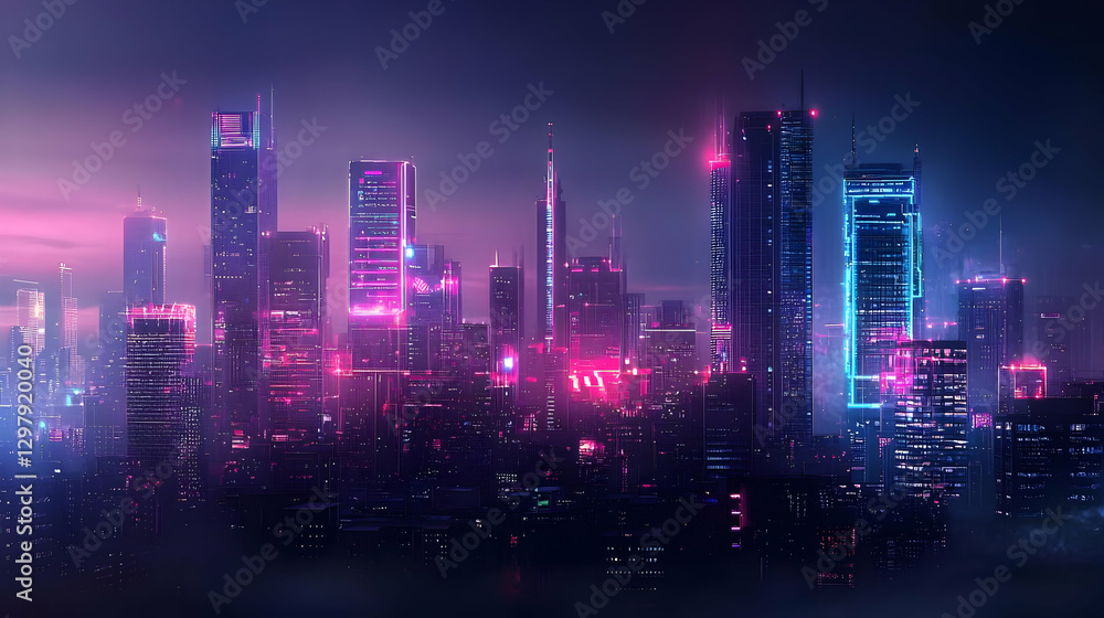Glowing Neon Cityscape With Modern Skyscrapers Illuminated In Blue Pink And Purple Colors At Night Glowing Neon Cityscape With Modern Skyscrapers Illuminated In Blue Pink And Purple Colors At Night