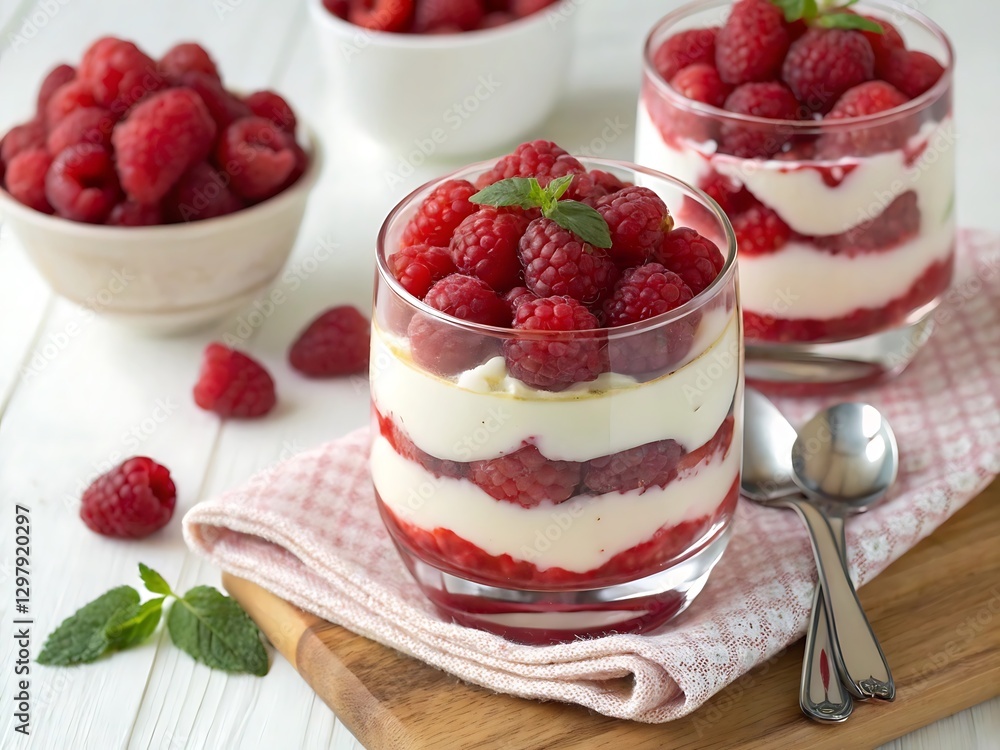 Delicious Raspberry Dessert With Cream, Crumbs, and Fresh Mint Leaves in Transparent Glass Delicious Raspberry Dessert With Cream, Crumbs, and Fresh Mint Leaves in Transparent Glass