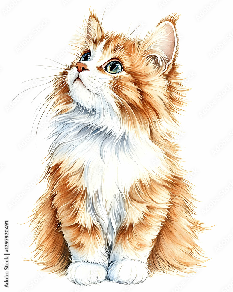 Cute ginger kitten looking up, adorable, digital illustration, for print design Cute ginger kitten looking up, adorable, digital illustration, for print design