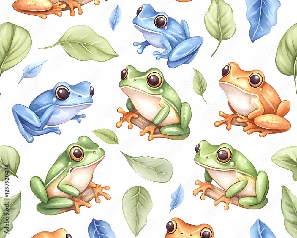 Obraz premium Cute frogs on leaves seamless pattern