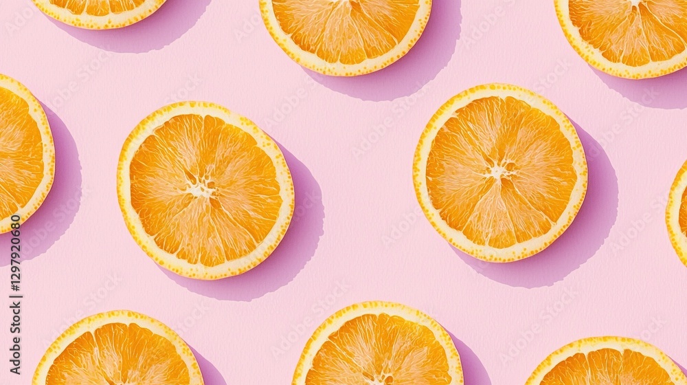 Fototapeta premium Seamless pattern of vibrant orange slices on a pastel pink background, featuring minimalist flat lay style. High resolution and hyperrealistic, ideal for modern design concepts and creative projects. 