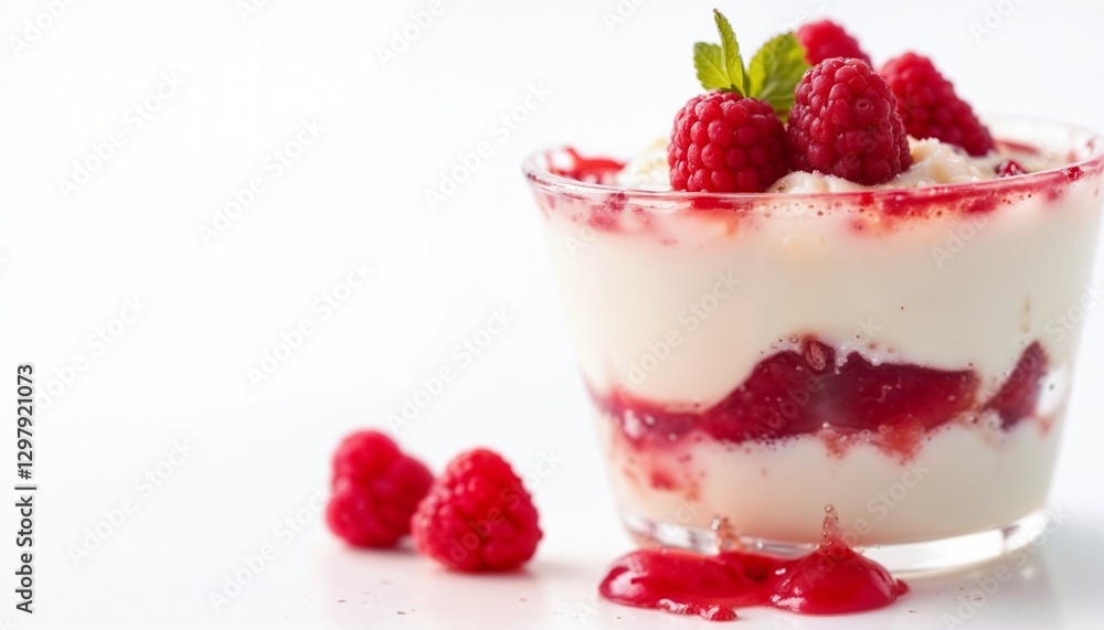 Delicious raspberry parfait layered with cream in a clear glass, copy space Delicious raspberry parfait layered with cream in a clear glass, copy space