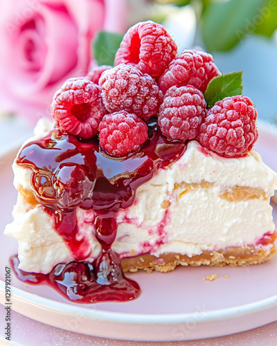 Dessert slice of cheesecake with raspberries and berry sauce photo