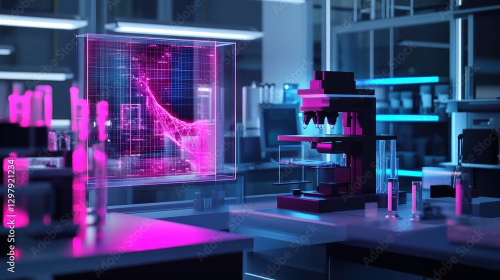 Futuristic laboratory with a glowing holographic display and advanced technology. Futuristic laboratory with a glowing holographic display and advanced technology.