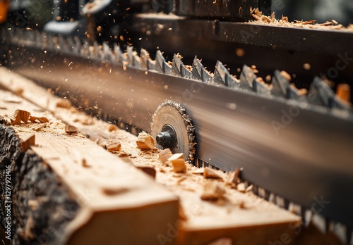 Close-up of sawmill cutting wood.