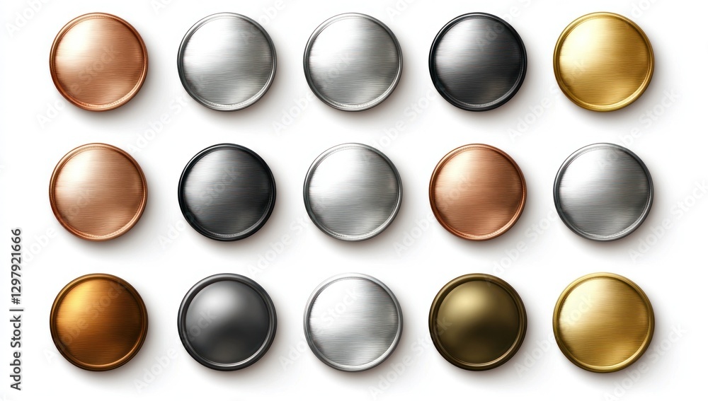 Collection of metallic buttons in various colors and finishes. Collection of metallic buttons in various colors and finishes.