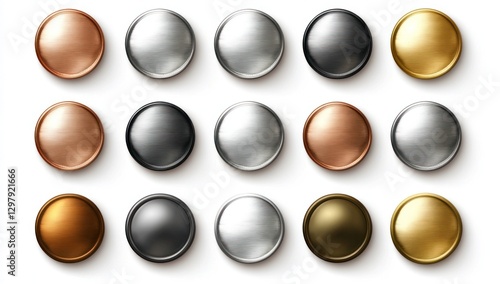 Collection of metallic buttons in various colors and finishes.