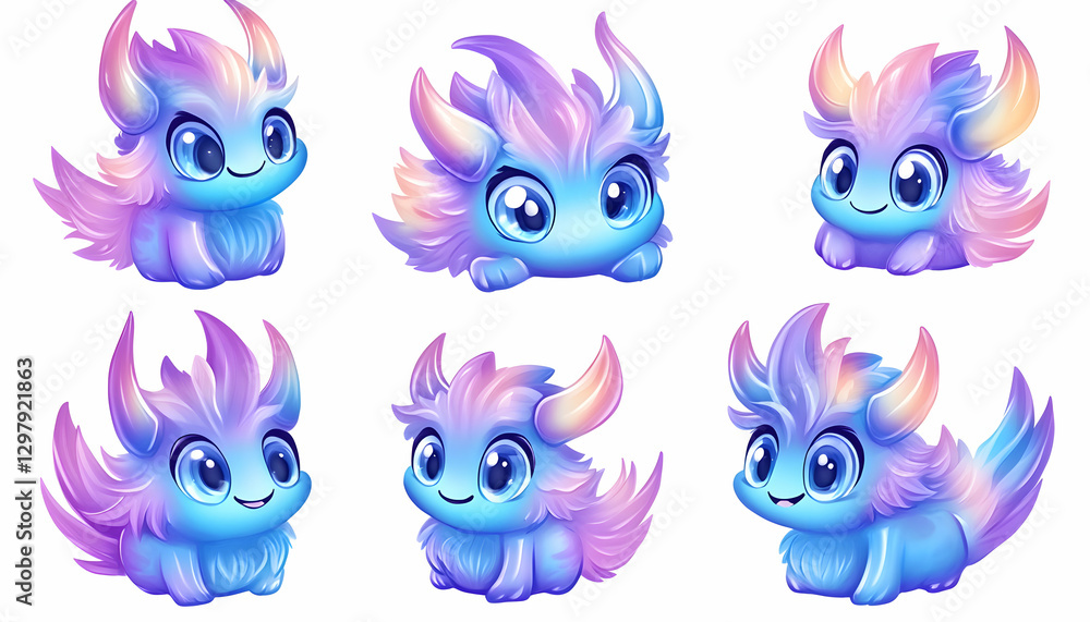 Fototapeta premium Fantasy creatures, colorful digital illustration, cute monsters, various poses. Possible use Children's book, game design, digital art