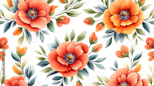 Floral pattern, orange and peach blossoms, graphic design, seamless background, print design