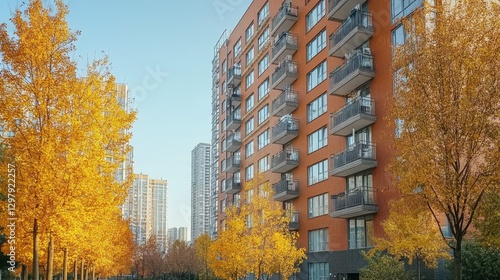 Wallpaper Mural Autumn urban landscape Residential building with fall foliage and blue sky Peaceful city scene with trees and modern architecture Torontodigital.ca