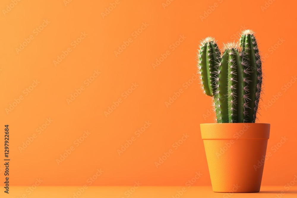 A small cactus in a terracotta pot against an orange background A small cactus in a terracotta pot against an orange background