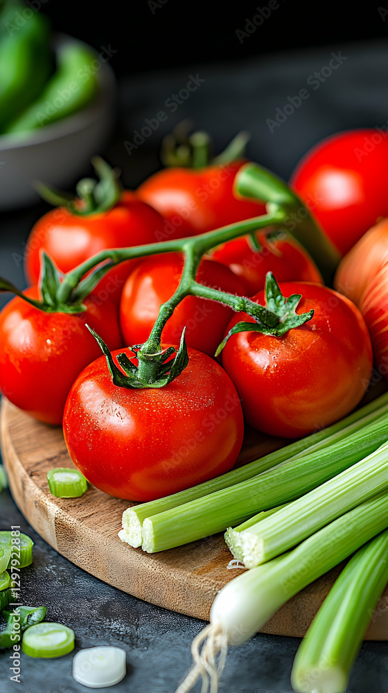 Fresh tomatoes, celery, and onions on wooden cutting board Fresh tomatoes, celery, and onions on wooden cutting board