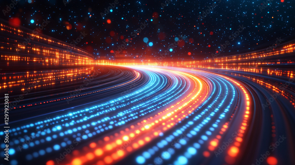 A 3D illustration representing the meaning and symbolism of 5G technology with high-speed wireless data transmission and the flow of information in abstract cyberspace, showcasing big data through a d A 3D illustration representing the meaning and symbolism of 5G technology with high-speed wireless data transmission and the flow of information in abstract cyberspace, showcasing big data through a d