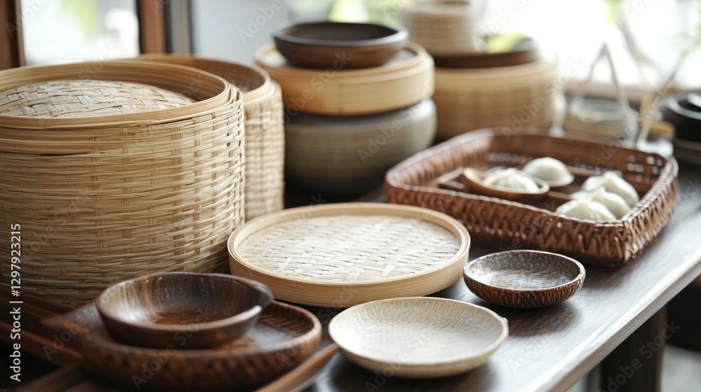 A Still Life of Rustic Asian Kitchenware and Bamboo Steaming Baskets A Still Life of Rustic Asian Kitchenware and Bamboo Steaming Baskets