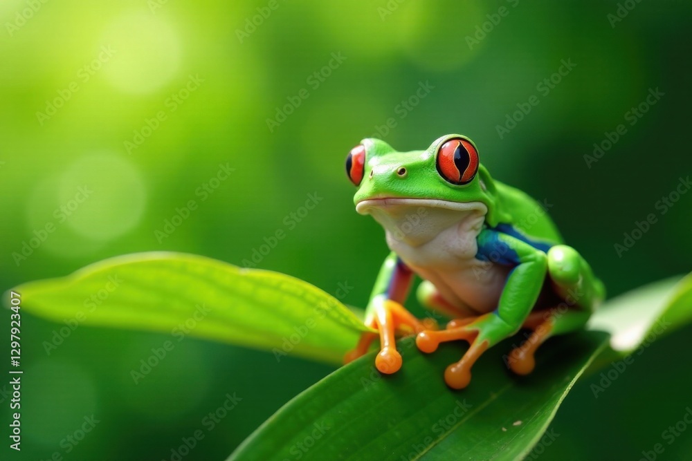 Obraz premium A smiling green frog perched on a leafy branch, enjoying the view , sit, branch, outdoors