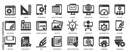 Web development glyph solid icons collection. Containing web design, coding, set, web page. Minimal icon and symbol series vector illustration