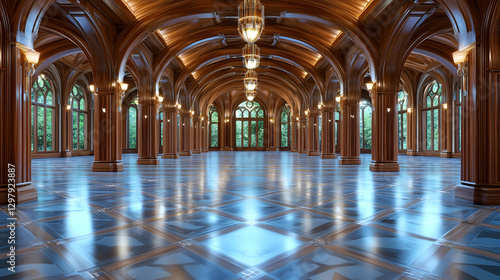 Grand Wooden Hallway with Large Windows. Interior Design.  Possible Use Stock photo for architecture or interior design projects photo