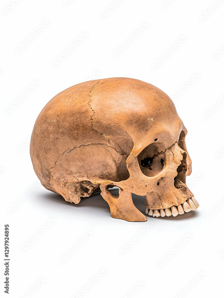 Naklejka premium Human Skull, Anatomical Study, Isolated White Background. Possible Educational Resource