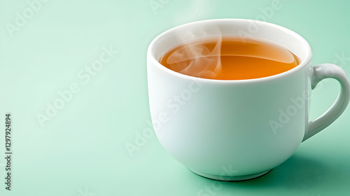 Hot tea in white cup on mint green background photo