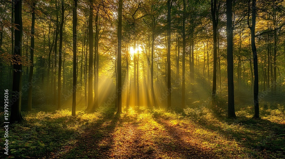 Obraz premium A dense forest with sun rays breaking through the canopy