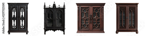 Elegant Antique Gothic Style Wooden Cabinets and Shelves for Home Decor and Display  Ornate Carved and Detailed Furniture Pieces Perfect for Showcasing Collectibles Artifacts and Other Treasures