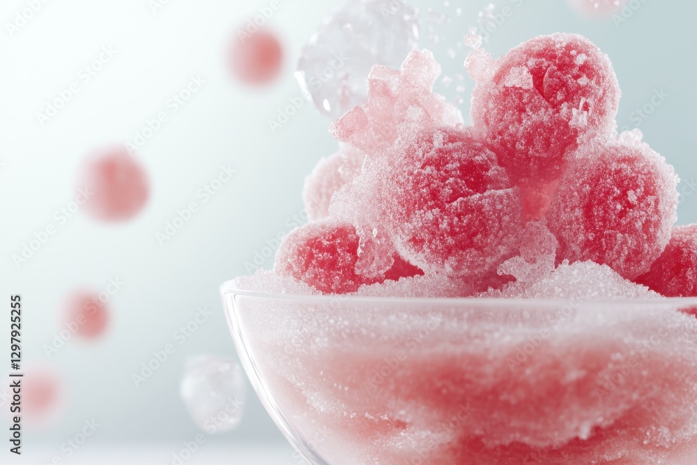 Sugared raspberries with ice in glass bowl Sugared raspberries with ice in glass bowl