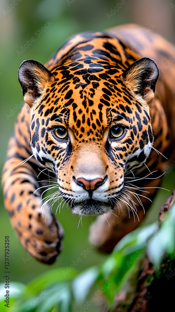 Fototapeta premium Jaguar in leap, jungle background, wildlife, nature, close-up, action shot