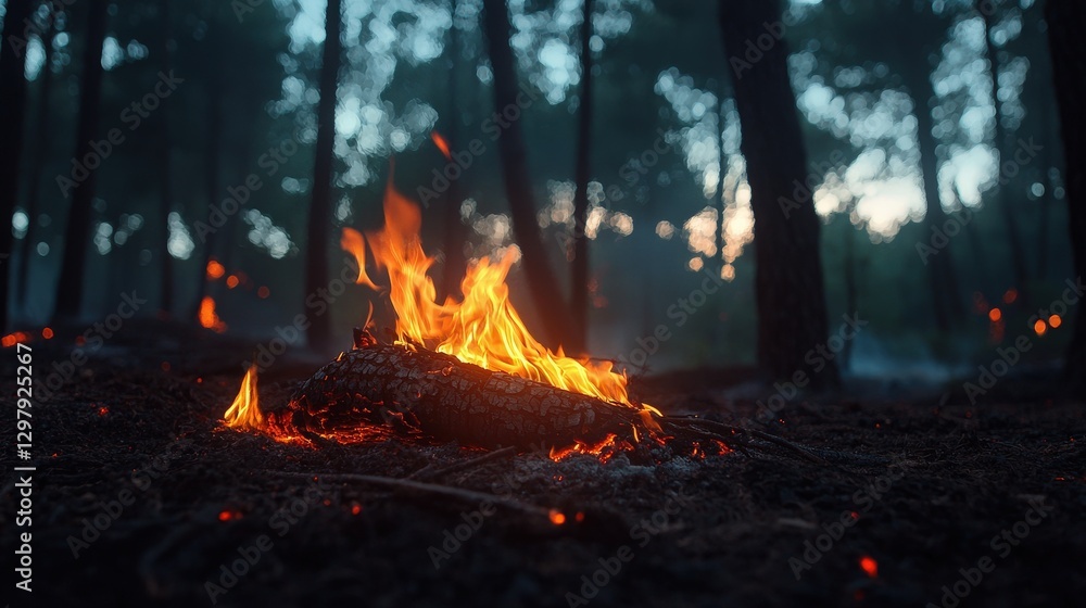 Fire burning on the forest floor during dusk with trees in the background Fire burning on the forest floor during dusk with trees in the background