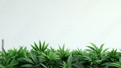 Cannabis Lush: A dense display of lush, vibrant green cannabis plants fills the frame, creating a striking contrast against the clean backdrop, emphasizing the fresh and natural aesthetics.