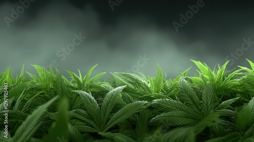 Lush Green Cannabis Farm: Capturing the vibrant green foliage of cannabis plants under an overcast sky.