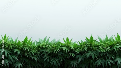 Cannabis Plant Border: Lush, vibrant cannabis plants form a dense, natural border, their iconic leaves creating a visual tapestry. Emphasizing growth and the intricate beauty of the plant. 