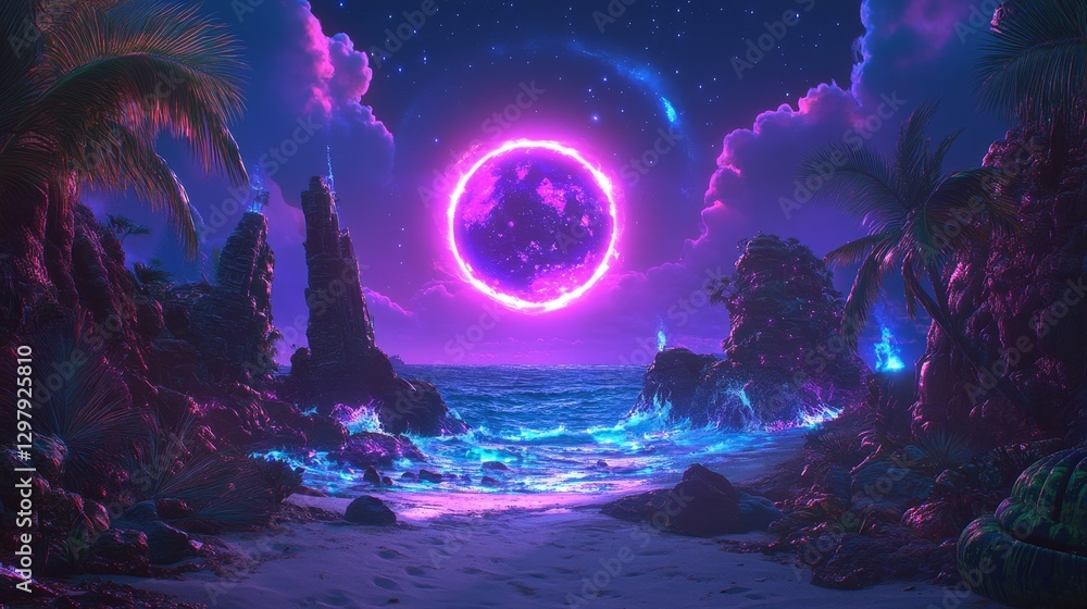 Fototapeta premium Surreal beach at night illustration featuring fantasy landscape with vibrant planet and glowing ocean for artistic backgrounds