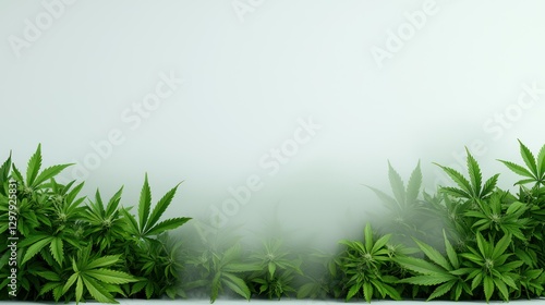 Cannabis Plants in Foggy Setting: A close-up shot of vibrant green cannabis plants flourishing in a foggy atmosphere, showcasing the intricate details of their leaves and buds.
