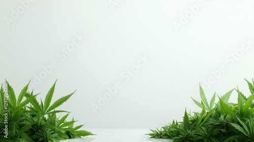 Cannabis plant border: A vibrant, leafy border created by cannabis plants against a clean, minimalist backdrop.