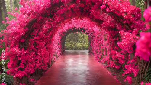 Vibrant pink bougainvillea arches create a stunning pathway in a tropical garden during midday