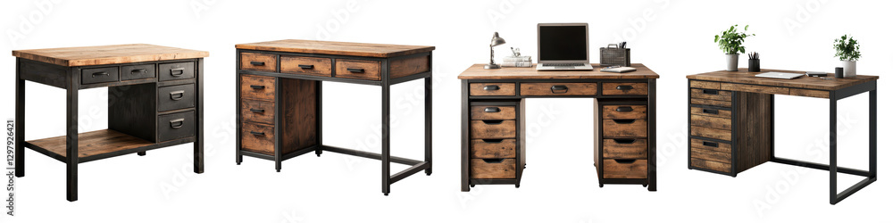 Stylish and functional industrial style wooden desk with metal frames featuring various storage drawers and shelves laptop computer and office accessories like plants and organizers Stylish and functional industrial style wooden desk with metal frames featuring various storage drawers and shelves laptop computer and office accessories like plants and organizers