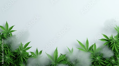 Cannabis plants with fluffy smoke: A captivating image of vibrant cannabis plants arranged around the edge of the frame, paired with soft, billowing smoke.