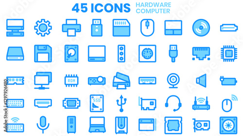 Computer Hardware Icons Set Technology Devices and Components in Blue Style