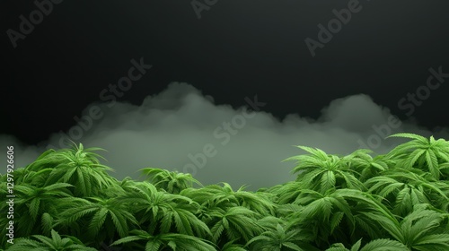 Cannabis in the Mist: A lush field of vibrant green cannabis plants, with the foliage is surrounded by a mysterious mist. The scene is bathed in an moody light.