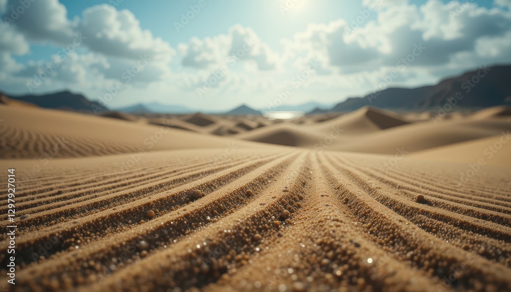 Sunlit Desert Sand Dunes Landscape with Textured Surface and Distant Mountains Sunlit Desert Sand Dunes Landscape with Textured Surface and Distant Mountains