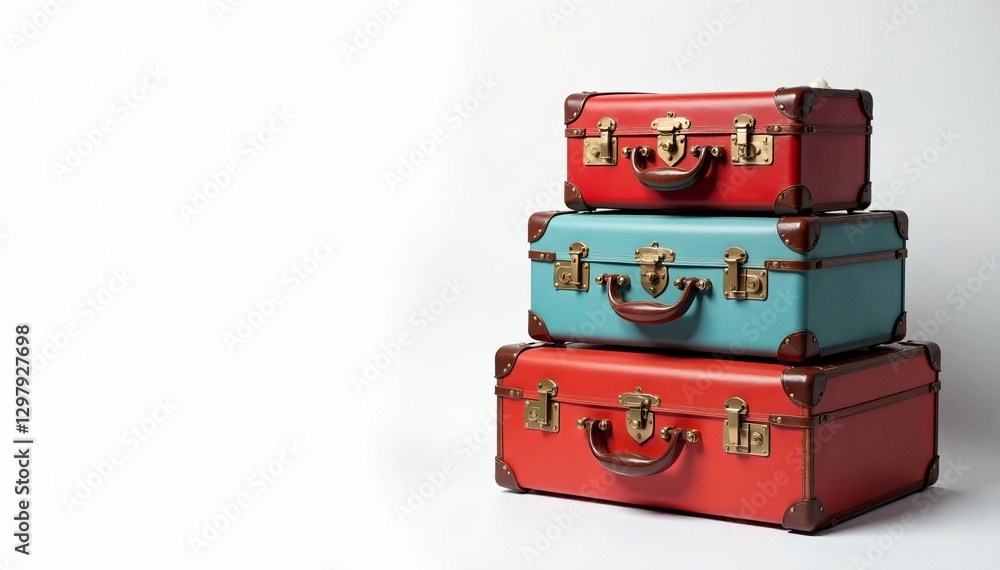 Obraz premium Three retro vintage suitcases stacked on top of each other on white background, nostalgia, storage, journey